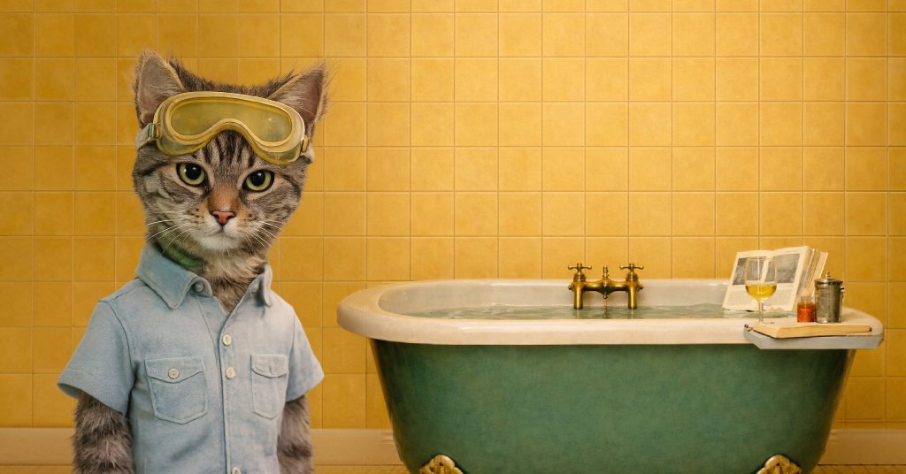Gato con ropa y lentes al lado de una bañera